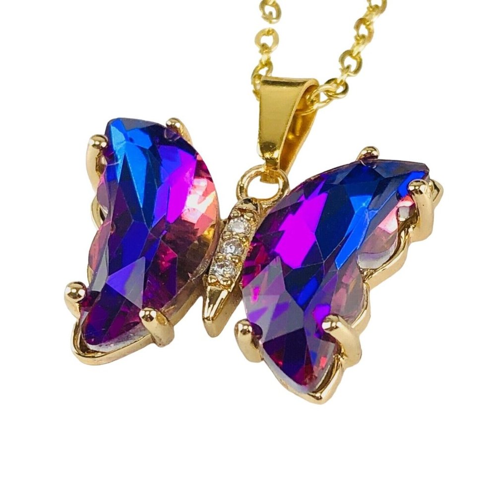 Blue & Purple Butterfly Pendant Necklace Gold Tone Stainless Steel with Crystals